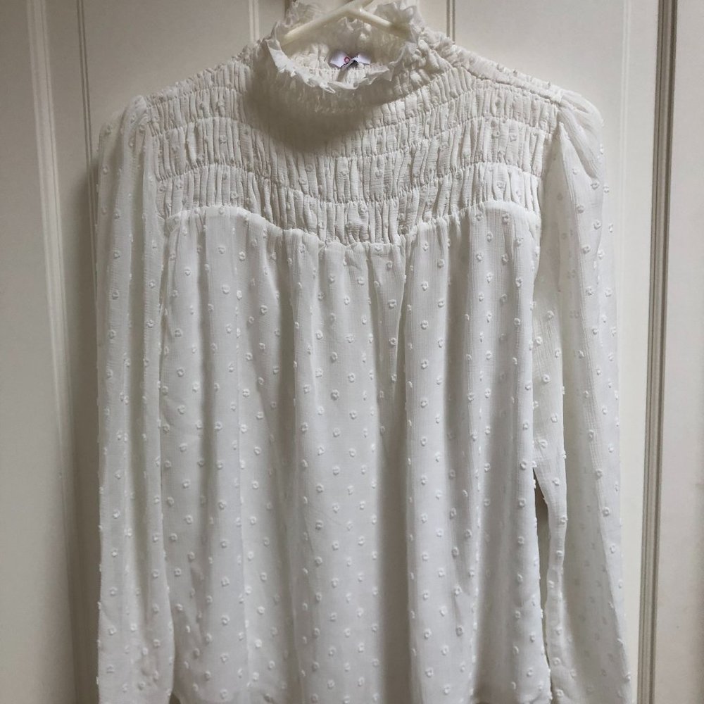 NWT White Q&A Mock-Neck Smocked Top